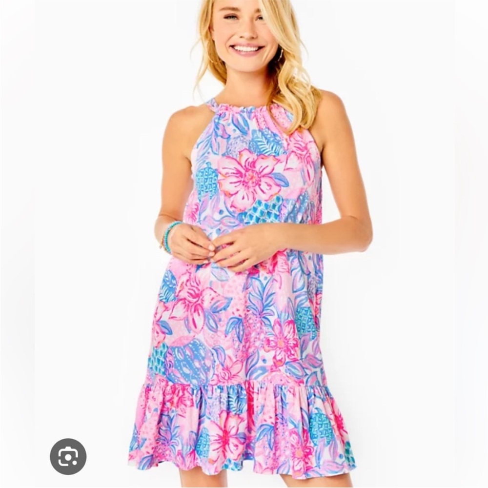 Lilly Pulitzer Saira Halter Dress SZ XS Pink Isle Snappy Turtle